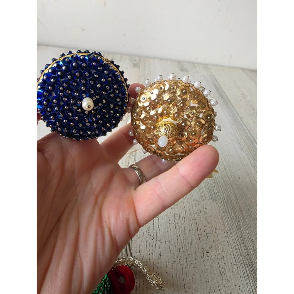 Vintage sequin push pin Bell ornament blue green